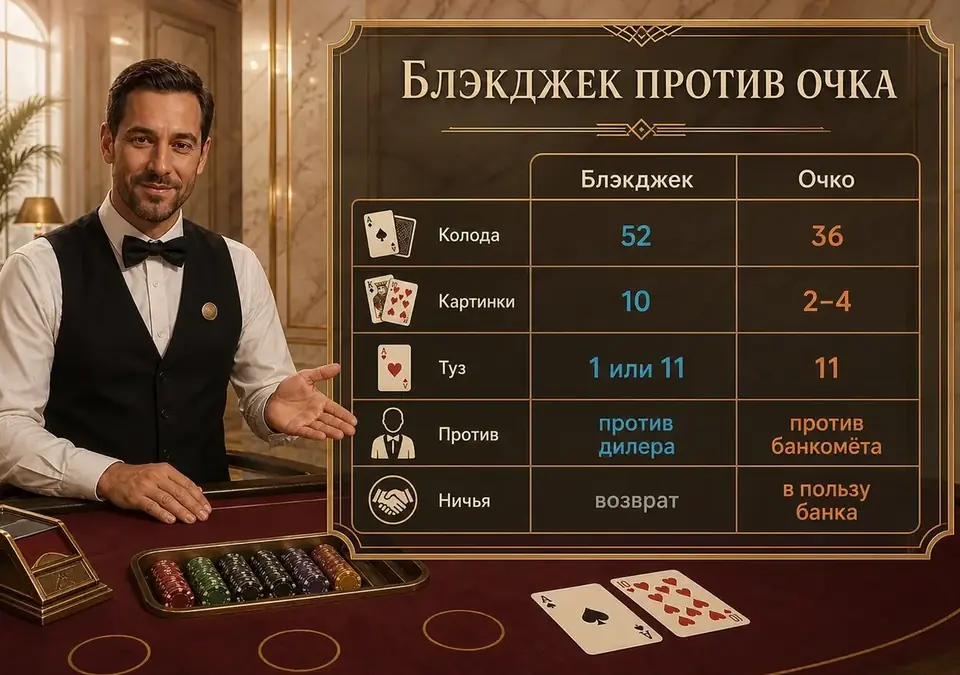 Блэкджек и очко на одной инфографике: колода, стоимость карт и роль банка