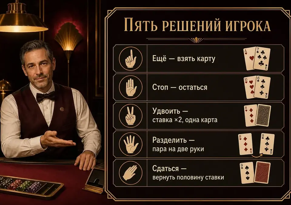 Инфографика: ещё карта, стоп, удвоение, сплит и сдача — пять решений игрока