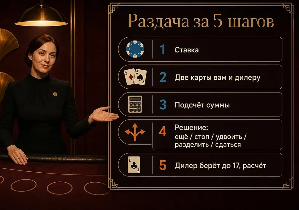Инфографика: одна раздача блэкджека, разложенная на 5 шагов