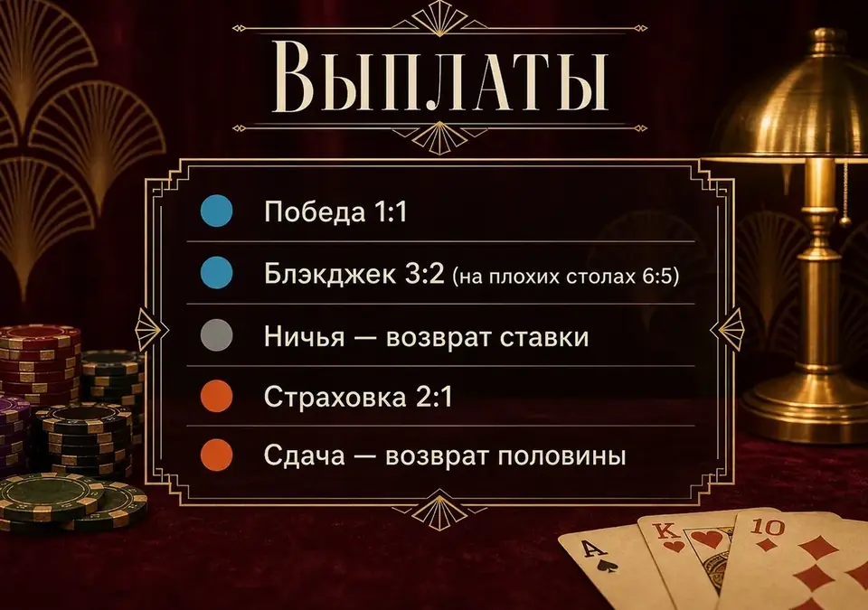 Инфографика: таблица выплат блэкджека по каждому исходу раздачи