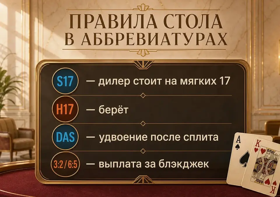 Схема-инфографика: аббревиатуры, которыми коротко записывают правила стола блэкджека