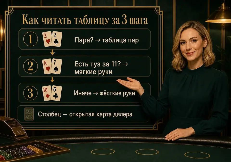 Схема-инфографика: чтение таблицы блэкджека в 3 шага — от руки игрока до нужного хода