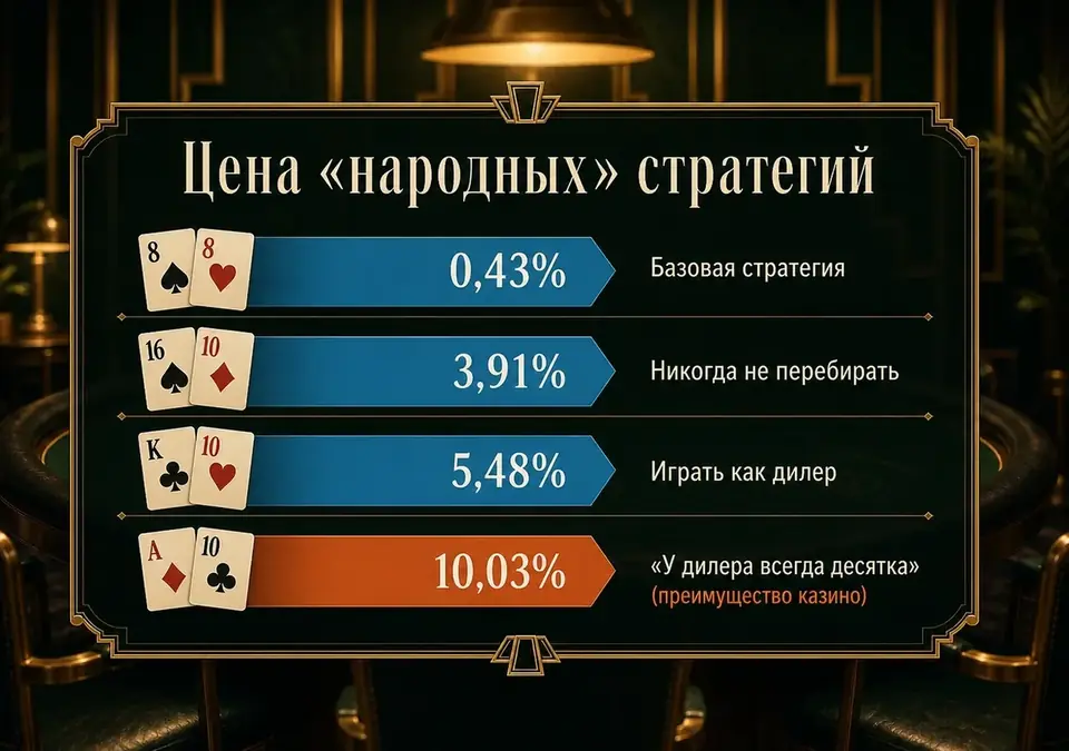 Схема-инфографика: какова цена «народных» стратегий блэкджека для игрока