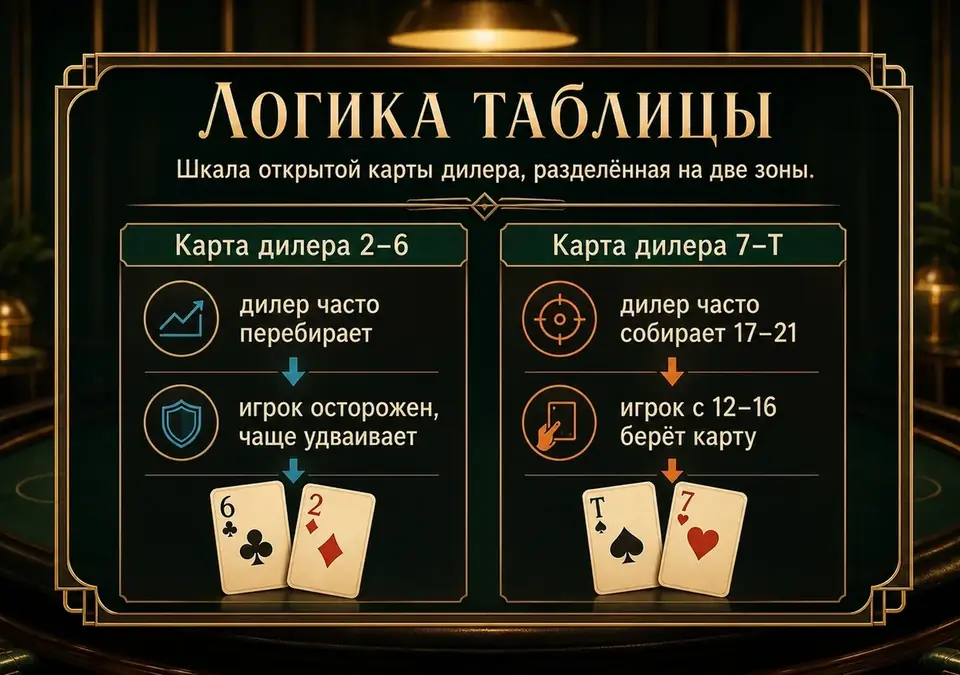 Схема-инфографика: логика таблицы — открытая карта дилера и выбор хода игрока