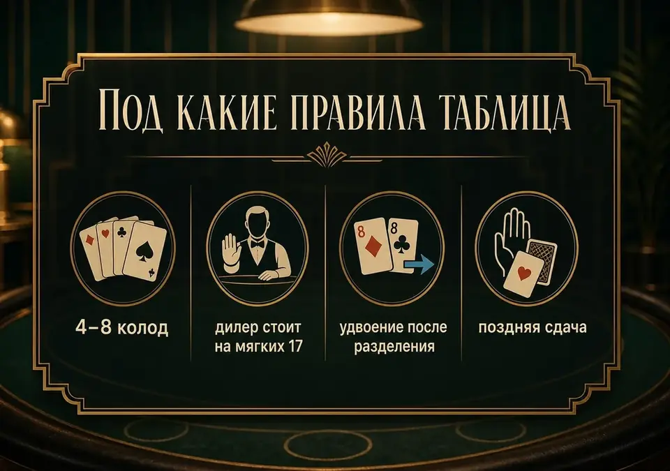 Схема-инфографика: на каких правилах стола основан расчёт таблицы базовой стратегии