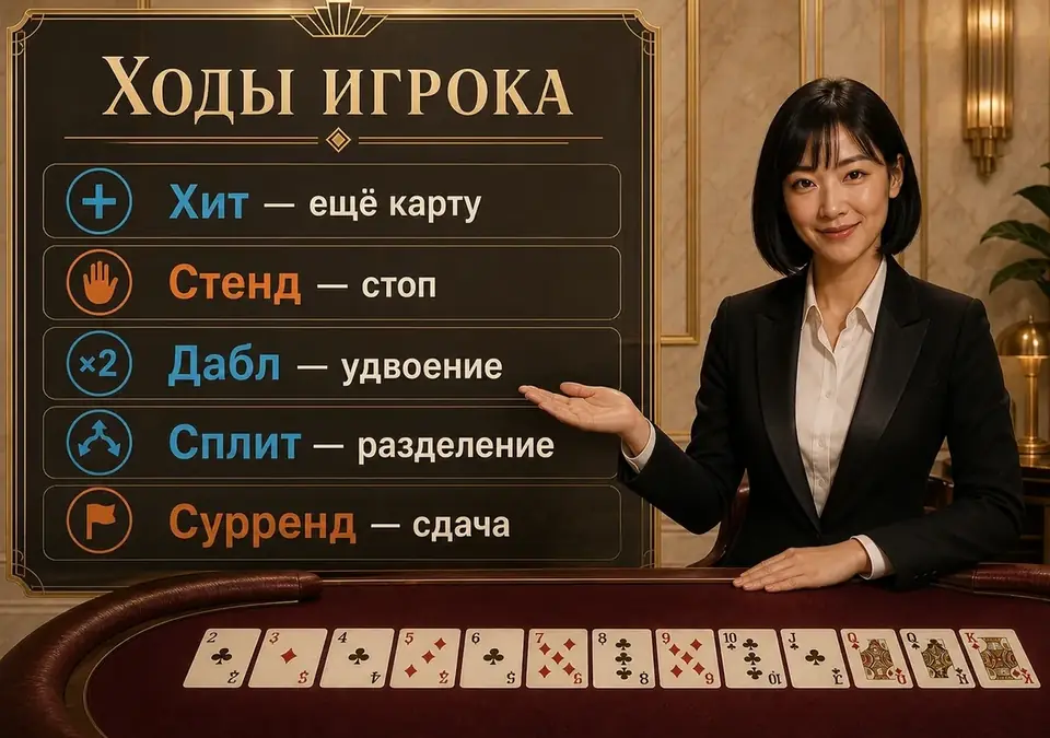 Схема-инфографика: все варианты хода, из которых выбирает игрок в блэкджеке
