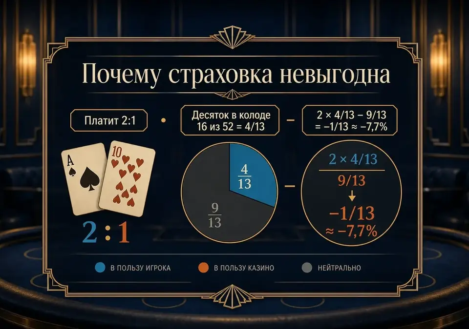 Схема, объясняющая, почему страховая ставка невыгодна игроку в блэкджеке