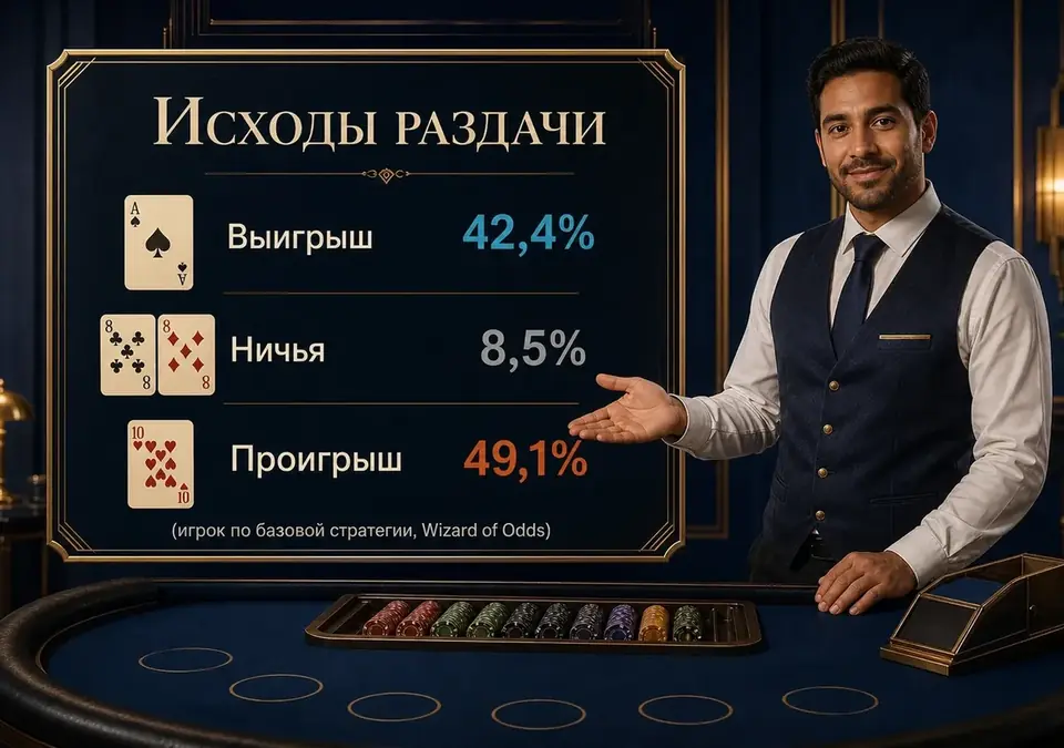 Схема распределения итогов раздачи между выигрышем, ничьей и проигрышем игрока