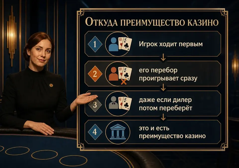 Схема того, из чего складывается преимущество казино в блэкджеке