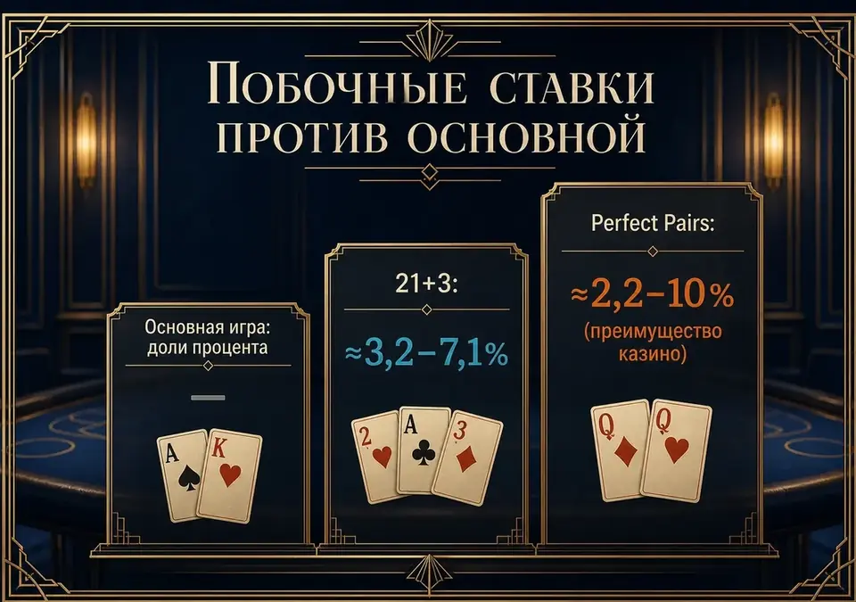 Сравнение побочных ставок с основной ставкой блэкджека в виде схемы