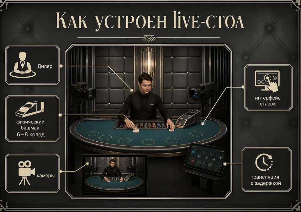 Устройство live-стола: инфографика о том, как работает трансляция блэкджека